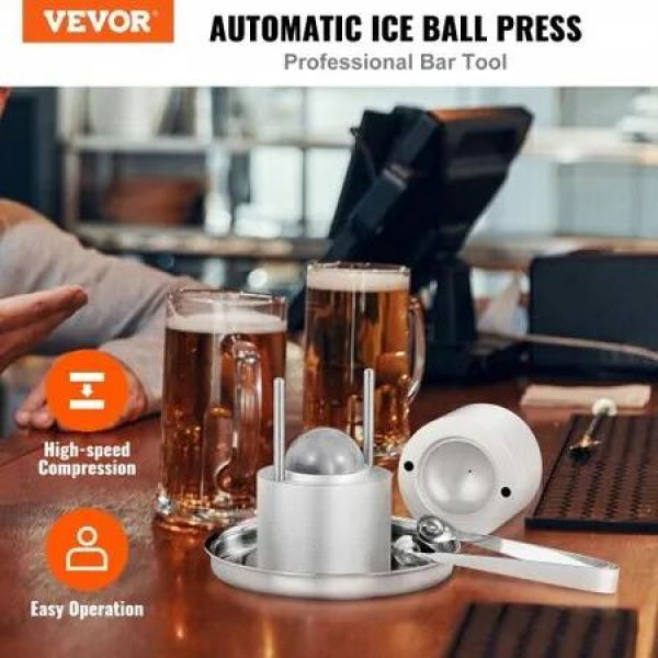 Ice Ball Press Kit Aircraft Al Alloy Ice Press with Ice Block Mold Large Mat Tong Drip Tray One Glass Round Ice Ball Maker 2.4/60 mm Ice Sphere