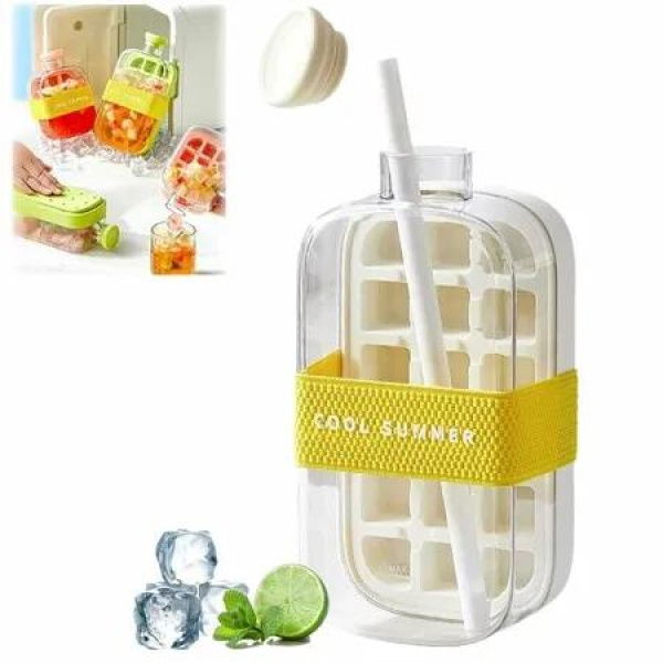 Ice Bottle Cup,2 in 1 Zero Touch Press Ice Cube Mold Water Bottle with Lid and Bin,Easy Press to Release Vertical Ice Cube Tray with Lid (White,800ML)