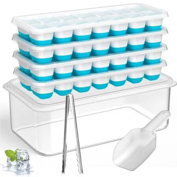 Ice Cube Tray with Lid and Bin,4 Pack Stackable Ice Tray with Storage Ice Bin,Ice Scoop,Ice Tongs Color Blue