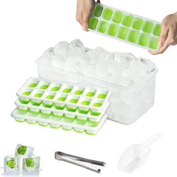 Ice Cube Tray with Lid and Bin,4 Pack Stackable Ice Tray with Storage Ice Bin,Ice Scoop,Ice Tongs Color Green
