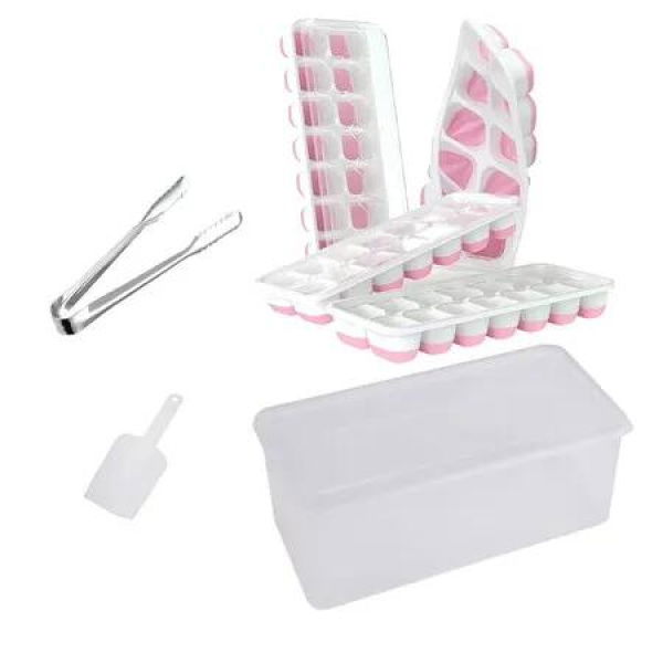 Ice Cube Tray with Lid and Bin,4 Pack Stackable Ice Tray with Storage Ice Bin,Ice Scoop,Ice Tongs Color Pink