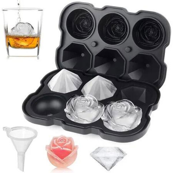 Ice Cube Tray,3 Cavity Silicone Rose Ice Tray & 3 Diamond Ice Ball Maker,Easy Release Large Ice Cube Form for Chilled Cocktails Whiskey Black