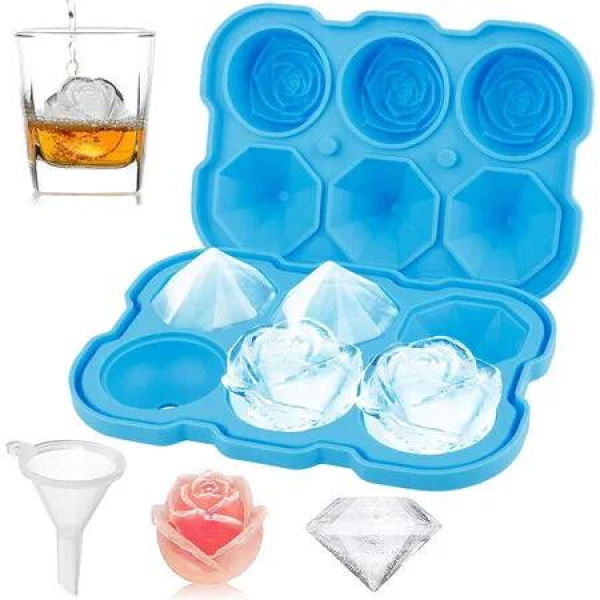 Ice Cube Tray,3 Cavity Silicone Rose Ice Tray & 3 Diamond Ice Ball Maker,Easy Release Large Ice Cube Form for Chilled Cocktails Whiskey Blue