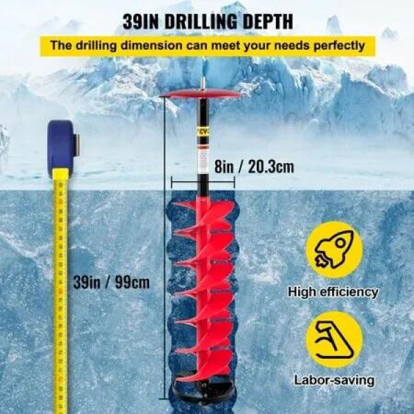 Ice Drill Auger, 8' Diameter Nylon Ice Auger, 39' Length Ice Auger Bit,Auger Drill with 11.8' Extension Rod,Auger Bit with Drill Adapter,Top Plate & Blade Guard for Ice Fishing Ice Burrowing