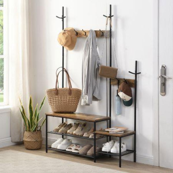 IHOMDEC Parent-Child Wood Metal Hall Tree Coat Rack Shoe Bench Rustic Dark Brown