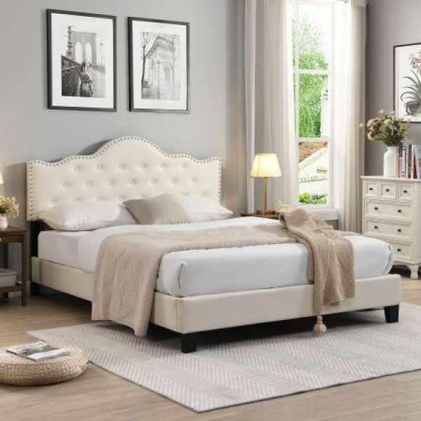 IHOMDEC Upholstered Button Tufted Queen Bed Frame BEF05 Beige