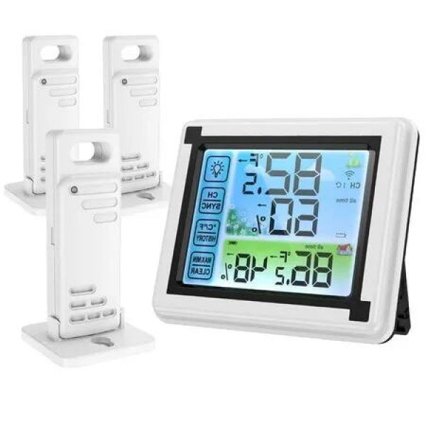 Indoor/Outdoor Thermometer and Hygrometer with 3 Wireless Sensors, Touchscreen, and Min/Max Records for Optimal Home and Office Comfort