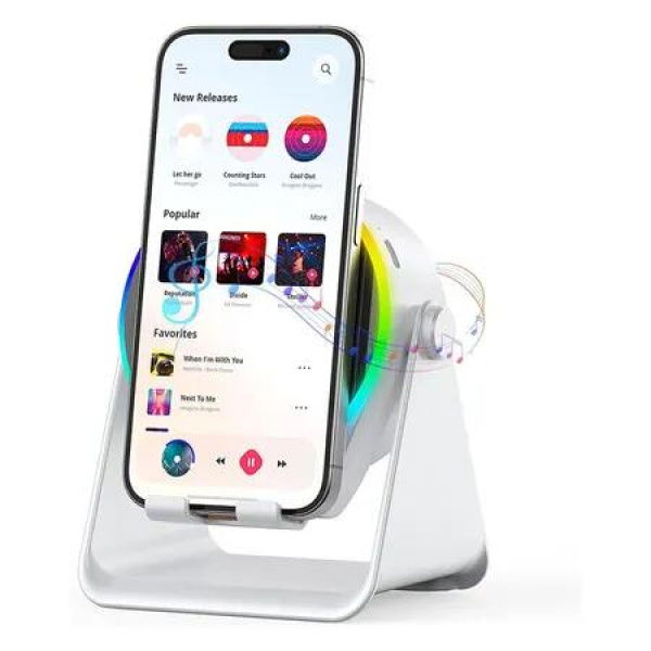 Induction Speaker, 4 in 1 Speaker Phone Stand with RGB Light, 360 Degree Rotation Phone Holder for Men Women, White