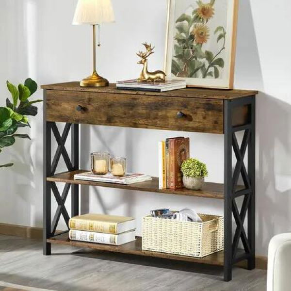 Industrial Console Table with Drawer Hall Entryway Bar Side Sofa Wooden Accent Couch Lamp Open Storage Shelf Narrow Display Cabinet 100x30x80cm