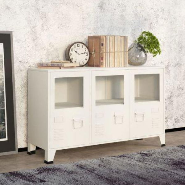 Industrial Sideboard White 105x35x62 Cm Metal And Glass