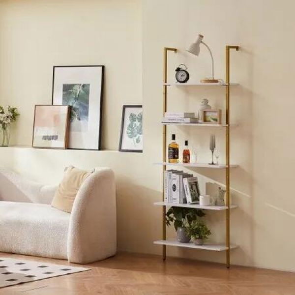 Industrial Square Pipe Shelf 5 Tier 64x30x182.5cm Wall-Mount Gold White