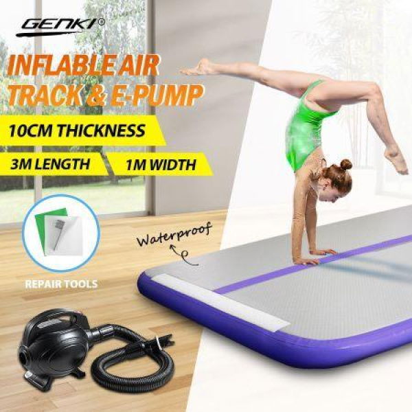 Inflatable AirTrack Air Track Gymnastics Tumbling Floor Mat With Electric Pump Purple 3x1x0.1m.