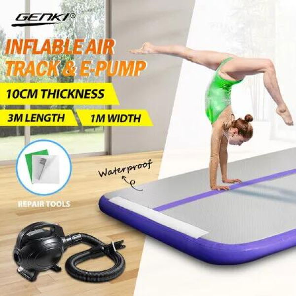 Inflatable AirTrack Air Track Gymnastics Tumbling Floor Mat with Electric Pump Purple 3x1x0.1m