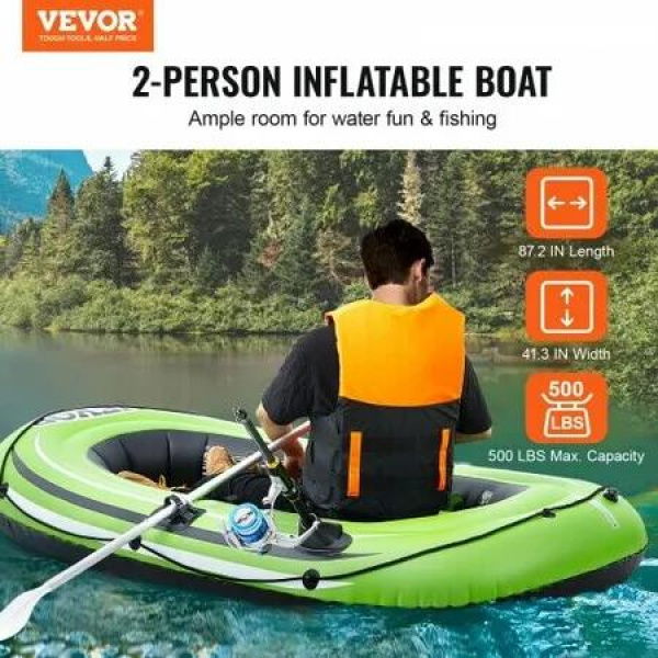 Inflatable Boat 2-Person Inflatable Fishing Boat Strong PVC Portable Boat Raft Kayak Includes 1158mm Aluminum Oars High-Output Pump and Fishing Rod Holders