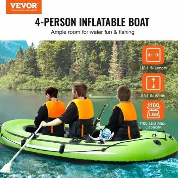 Inflatable Boat 4-Person Inflatable Fishing Boat Strong PVC Portable Boat Raft Kayak 1158mm Aluminum Oars High-Output Pump Fishing Rod Holders and 2 Seats