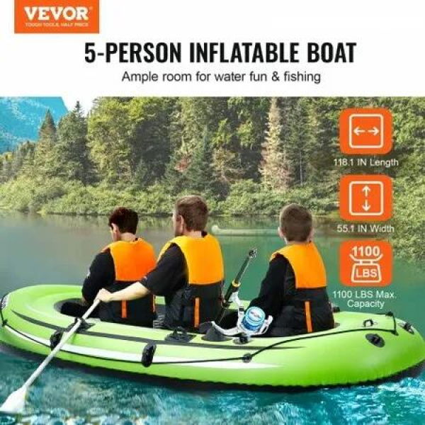 Inflatable Boat 5-Person Inflatable Fishing Boat PVC Portable Boat Raft Kayak 1158 mm Aluminum Oars High-Output Pump Fishing Rod Holders