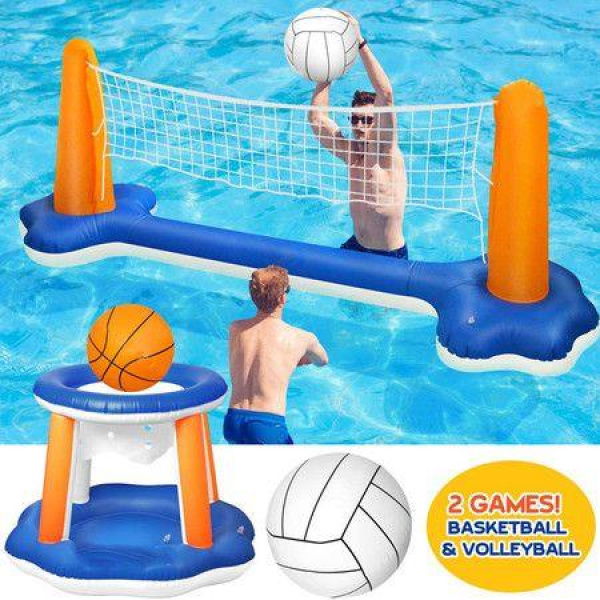 Inflatable Pool Float Set Volleyball Net And Basketball Hoops