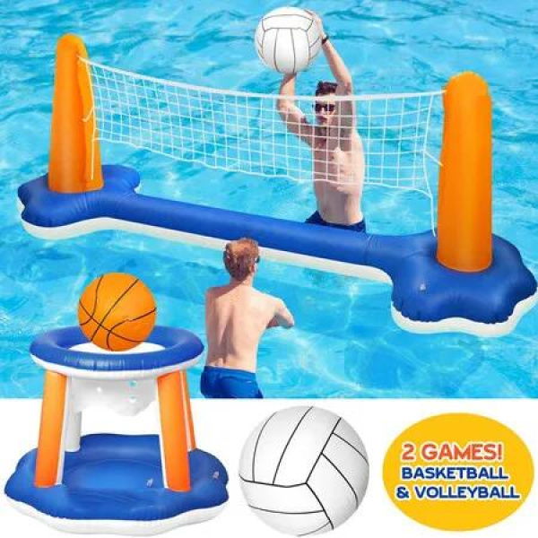 Inflatable Pool Float Set Volleyball Net Basketball Hoops Floating Swimming Family Party Games Floaty Court Christmas Gifts