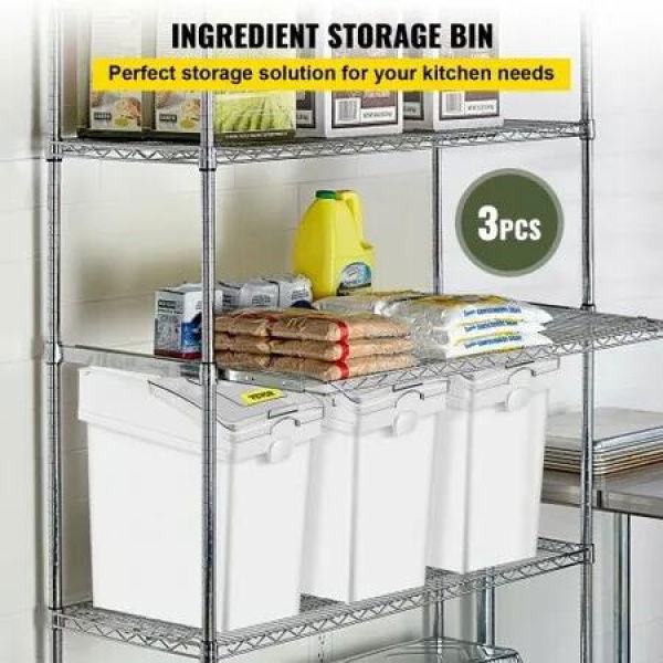 Ingredient Bin 5.2 Gallon / 20 L Capacity Ingredient Storage Bin 3 Pcs/Set PP Material Flour Bins On Wheels White Shelf Ingredient Bin with Scoop