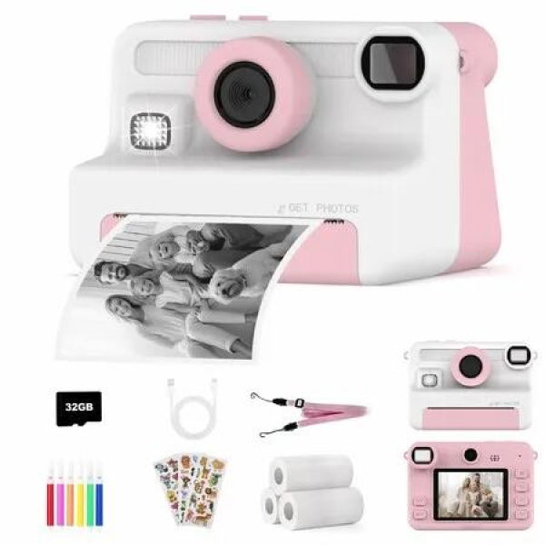 Instant Camera 1080P HD Instant Print with 32GB Card, Digital Camera Toy, Birthday and Christmas Gifts for Boys Girls 3+ Years(Pink)
