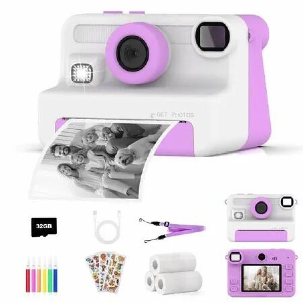 Instant Camera 1080P HD Instant Print with 32GB Card, Digital Camera Toy, Birthday and Christmas Gifts for Boys Girls 3+ Years(Purple)