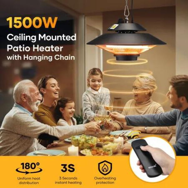 Instant Heater Ceiling Electric Space Warmer Infrared Patio Room Save Energy Indoor Outdoor Waterproof 1500W