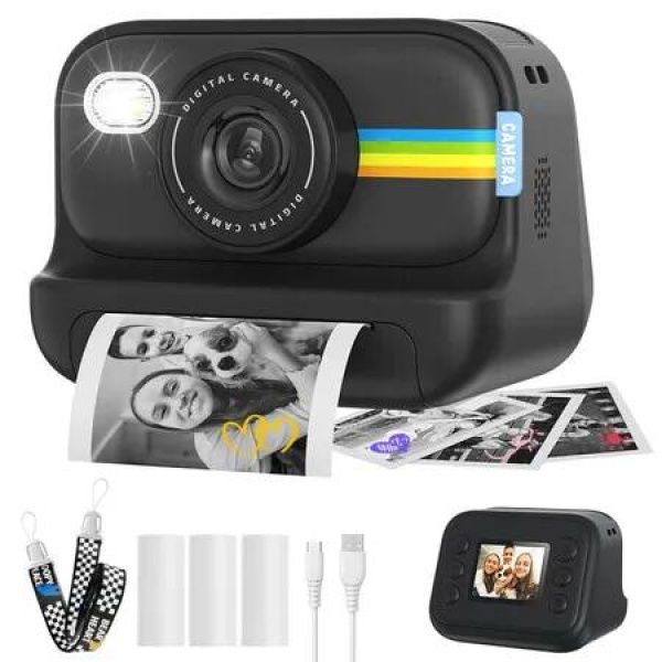 Instant Print Camera for Kids 1080P Video Birthday Gifts for Girls Boys Ages 3-12 Christmas Holiday Ideas(Black)