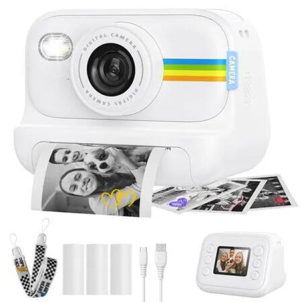 Instant Print Camera for Kids 1080P Video Birthday Gifts for Girls Boys Ages 3-12 Christmas Holiday Ideas(White)