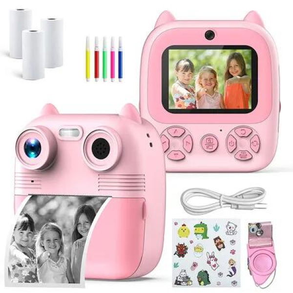 Instant Print Camera for Kids, Christmas Birthday Gifts for Girls Boys, Selfie Digital Camera with Videos, Portable Camera Toy with Print Paper (Pink)