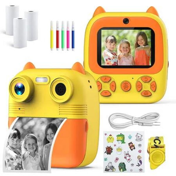 Instant Print Camera for Kids, Christmas Birthday Gifts for Girls Boys, Selfie Digital Camera with Videos, Portable Camera Toy with Print Paper (Yellow)