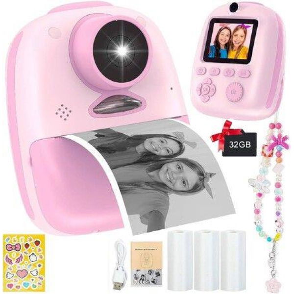 Instant Print Camera,1080P Dual Front and Rear Digital Cameras,Includes 3 Rolls of Photo Paper,32GB Card,Beautiful Pendant - Gift for Ages 3+,Pink