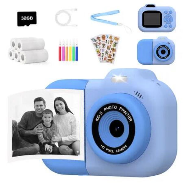 Instant Print Camera,1080P HD Dual Lens Selfie Camera,Digital Camera with 3 Rolls Paper and 32GB Card,Christmas Birthday Gifts-Blue