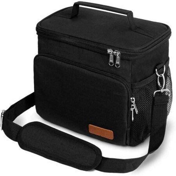 Insulated Lunch Bag - Reusable Lunch Box for Office Work School Picnic Beach - Leakproof Cooler Tote Bag Freezable Lunch Bag with Adjustable Shoulder Strap - Black