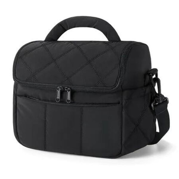 Insulated Lunch Bags for Women, Cute Quilted Lunch Box, Lightweight Puffy Padded Waterproof Lunch Tote for Work Picnic Travel, 23 x 15 x 20 cm, Black