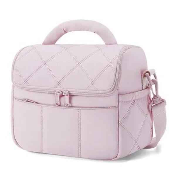 Insulated Lunch Bags for Women, Cute Quilted Lunch Box, Lightweight Puffy Padded Waterproof Lunch Tote for Work Picnic Travel, 23 x 15 x 20 cm, Pink