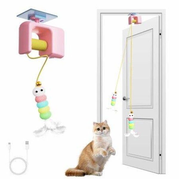 Interactive Automatic Cat Toy for Indoor Cats, Electric Door Hanging Toy with Feather Plush Caterpillar for Kittens Fun Chase & Exercise (Pink)