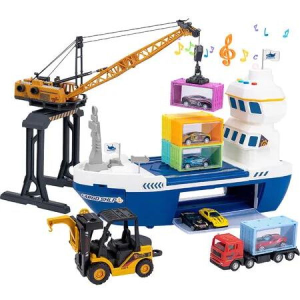 Interactive Toy Boat with Lights Sounds 2-in-1 Push-Go Cargo Ship and Tower Crane,Construction Playset for Kids, Boys and Girls