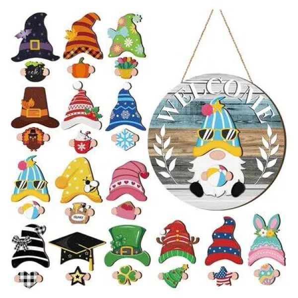 Interchangeable Wooden Gnome Decor Holiday Seasonal Gnome Decorations with Magnet Pieces and Detachable Hats Changeable Welcome Sign for Home