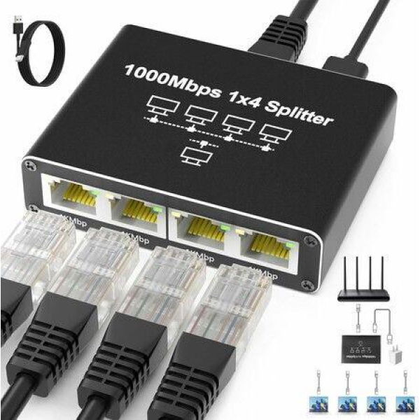 Internet Splitter 1 in 4 Out, Gigabit Ethernet LAN Splitters High Speed 1000Mbps RJ45 Ethernet Switch for Cat8/7/6/5e/5 Cable