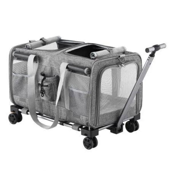 i.Pet Pet Carrier Swivel Wheels Foldable Cat Dog Trolley Stroller Travel Bag Grey