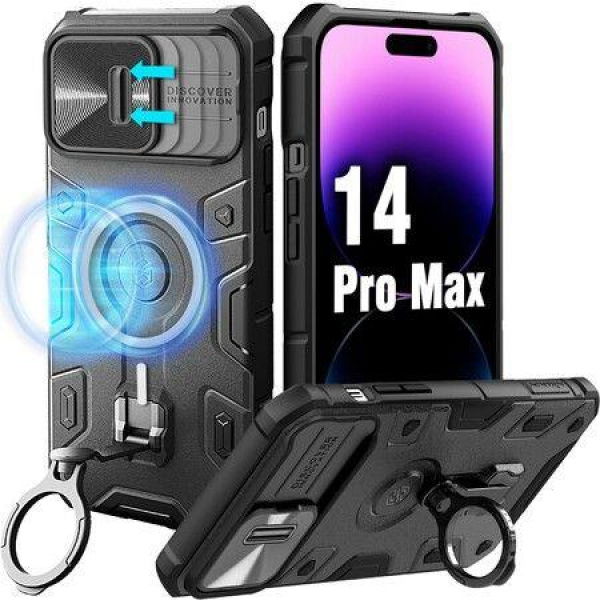 IPhone 14 Pro Max Case Armor Compatible With MagSafe With Rotatable Kickstand & Camera Cover - Black.