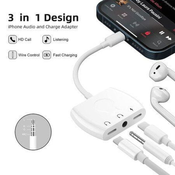 IPhone Lightning To 3.5mm Headphone Jack Audio Adapter For IPhone 13/12/SE/11/Xs/XR/X/8/7 Supports IOS 15 (White)