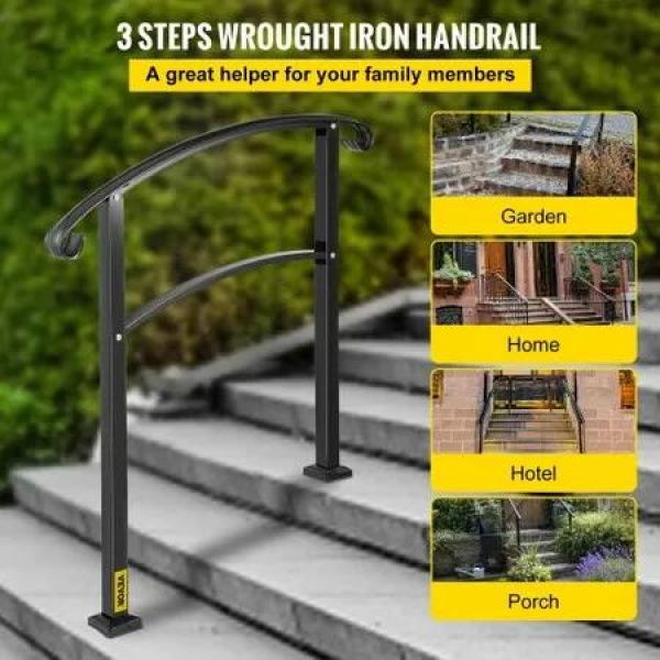 Iron Handrail Stair Railing 1 or 3 Steps Adjustable Matte Black Handrail