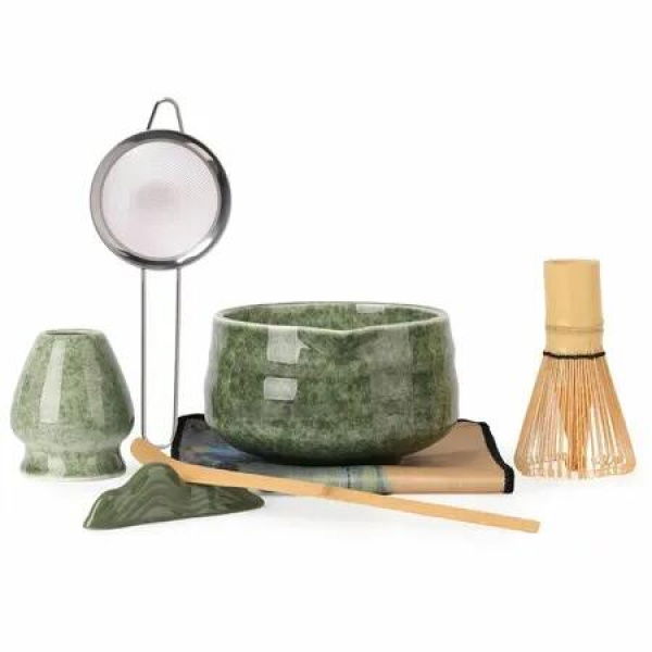 Japanese Matcha Whisk Set,7 Piece Kit Bamboo Chasen,Ceramic Bowl with Spout,Stainless Steel Sifter & Holder Green