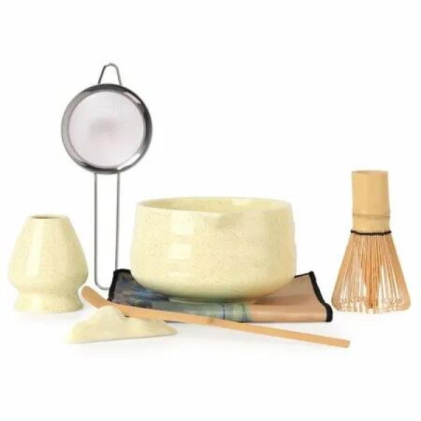 Japanese Matcha Whisk Set,7 Piece Kit Bamboo Chasen,Ceramic Bowl with Spout,Stainless Steel Sifter & Holder Yellow