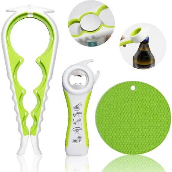 Jar Opener Bottle Opener for Weak Hands, Multi Function Can Opener Bottle Opener Kit with Silicone Handle Easy to Use for Children Elderly, Green