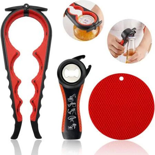 Jar Opener Bottle Opener for Weak Hands, Multi Function Can Opener Bottle Opener Kit with Silicone Handle Easy to Use for Children Elderly, Red