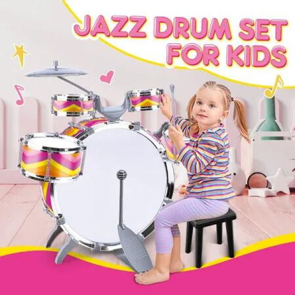 Jazz Drum Play Set Kids Childrens Musical Educational Instrument Toys Toddlers Learning Preschool Junior Dynamic Light Up Big Band Stool Kit Plastic