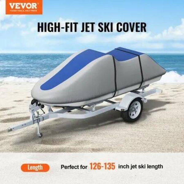 Jet Ski Cover 320-342 cm Trailerable Waterproof PWC Cover, Heavy-duty 600D Marine Grade PU Oxford Fabric, UV Resistant Seadoo Cover with Buckle Straps, Personal Watercraft Covers, Grey+Blue