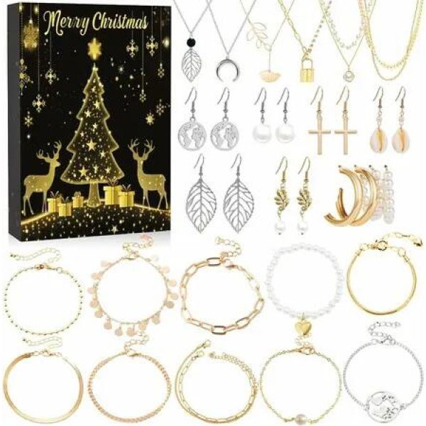 Jewelry Advent Calendar 2024 for Women 24 Days of Christmas Countdown Calendar Fashion Necklaces Earrings Bracelets Xmas Gift